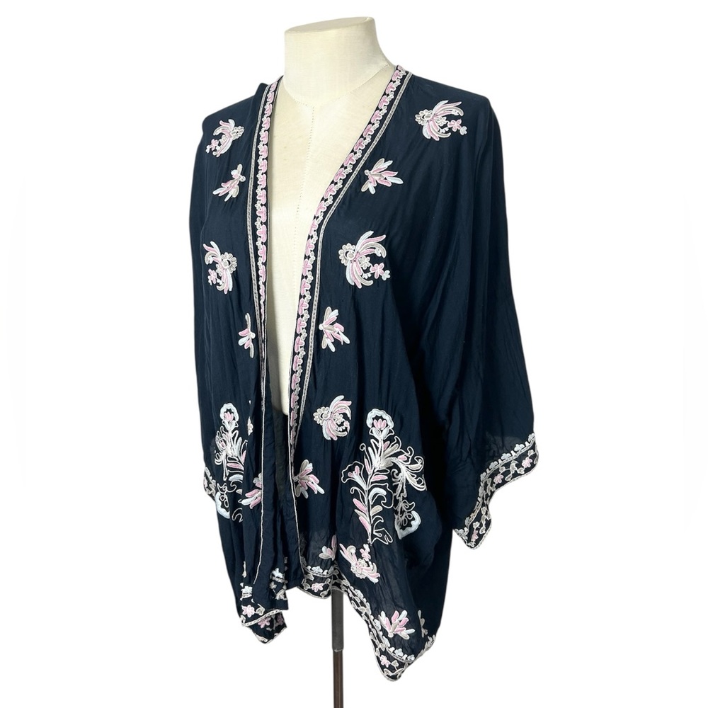 J Jill‎ kimono style cover up cardigan One Size dark blue embroidered 3/4 sleeve